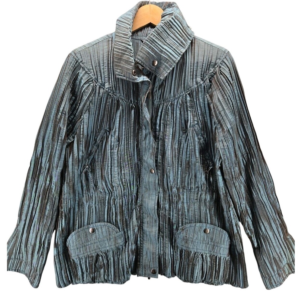 Vtg UBU Metallic Sheen Jacket Wearable Art Cross Zip Neck Collar Blue Brown L
